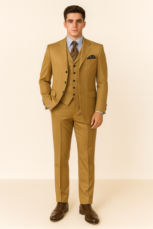 Mens 4 button Semi Wide Leg Shiny Tonal Stripe Fashion Gold Suit