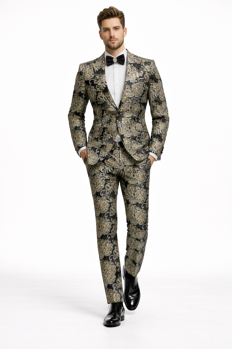 Gold Tuxedos - Paisley Suits - Prom 2026 Suits - Wedding Tuxedos Suits - Groom Suit Black