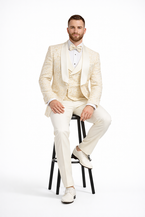 Men's Designer Vested Wedding & Prom Tuxedo in Ivory Off White & Gold Floral Paisley