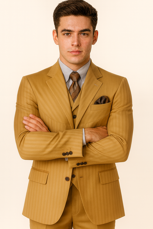 Mens 4 button Semi Wide Leg Shiny Tonal Stripe Fashion Gold Suit