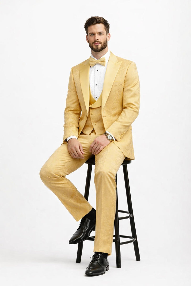 Men's Designer Vested Tonal Paisley Wedding & Prom Tuxedo in Gold