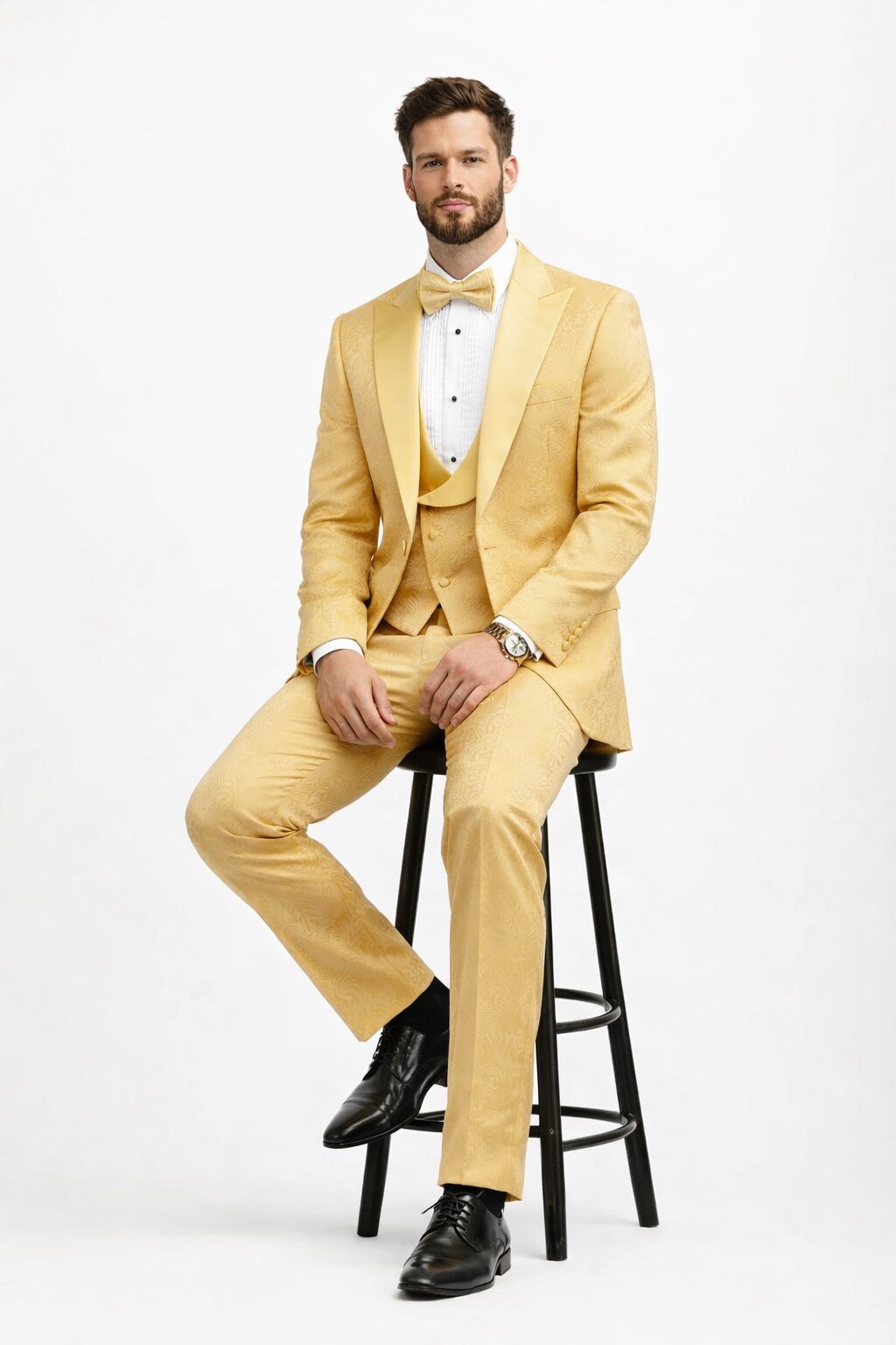 Men's Designer Vested Tonal Paisley Wedding & Prom Tuxedo in Gold