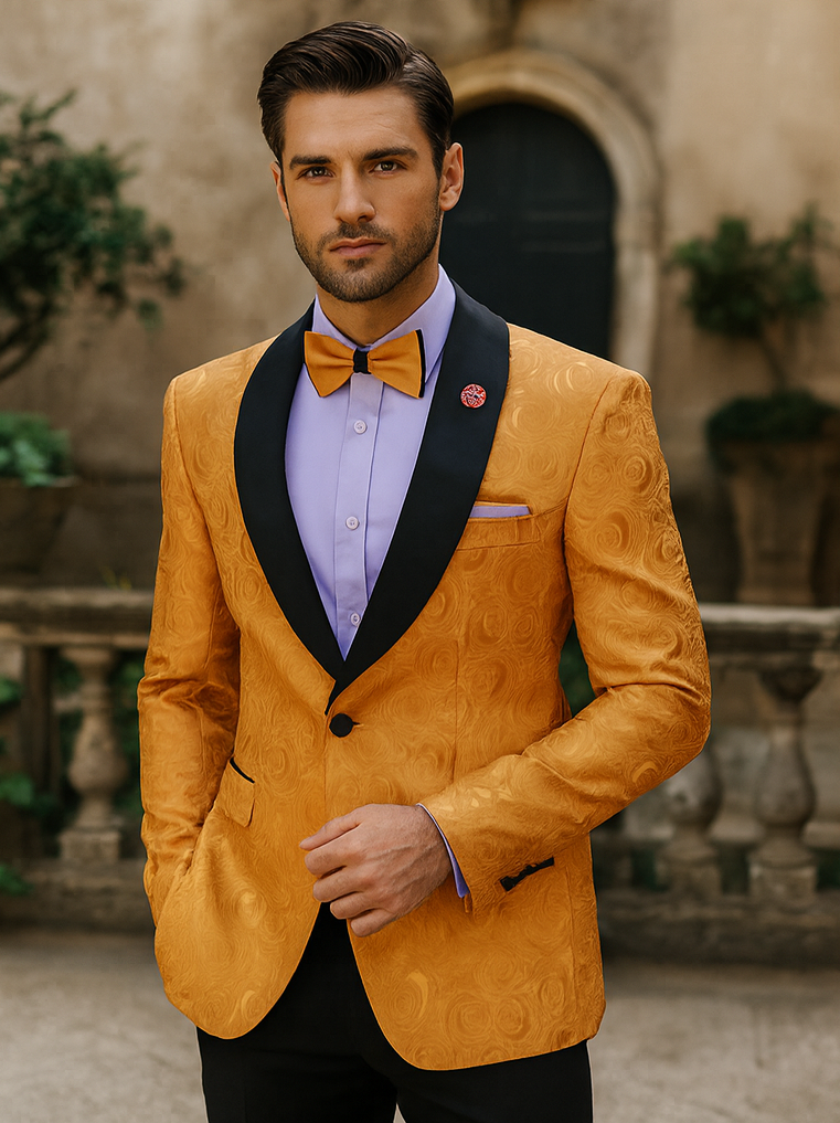 Gold textured tuxedo with swirling pattern, black satin lapel. Lavender shirt, gold bow tie, pastel pocket square. Structured shoulders, single button, fitted silhouette.
