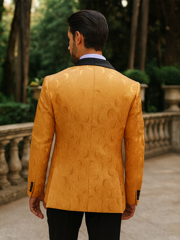 Gold tuxedo jacket with swirling textures, black satin lapels, and black trousers. Back view: structured shoulders and cuff buttons. Elegant and detailed design.
