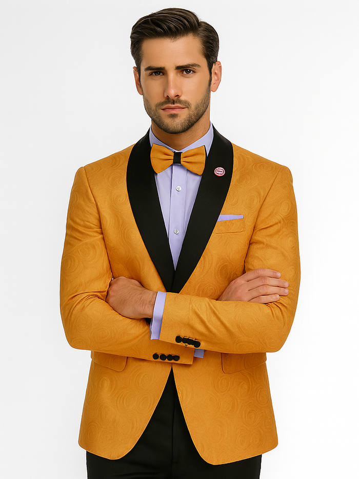 Textured gold tuxedo jacket, black satin lapels & buttons. Light purple shirt, matching bow tie. Slim-fit silhouette for a stylish look.
