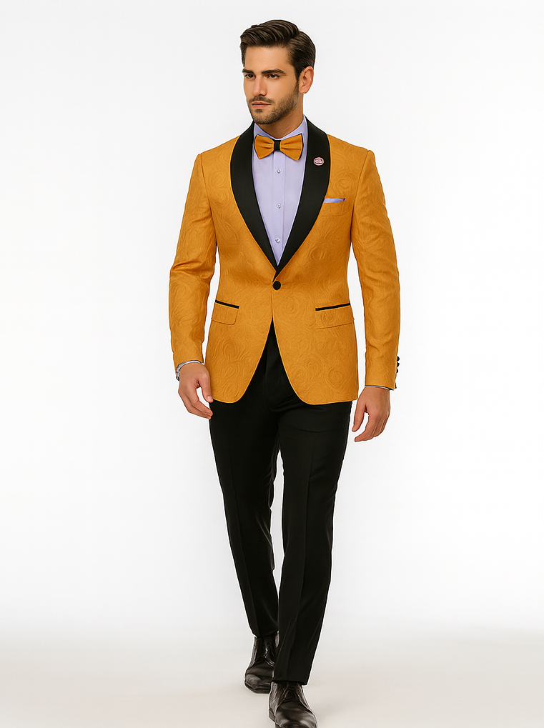 Gold patterned tuxedo jacket with black shawl collar, black fitted trousers. Light purple shirt, matching bow tie. Elegant and sophisticated.
