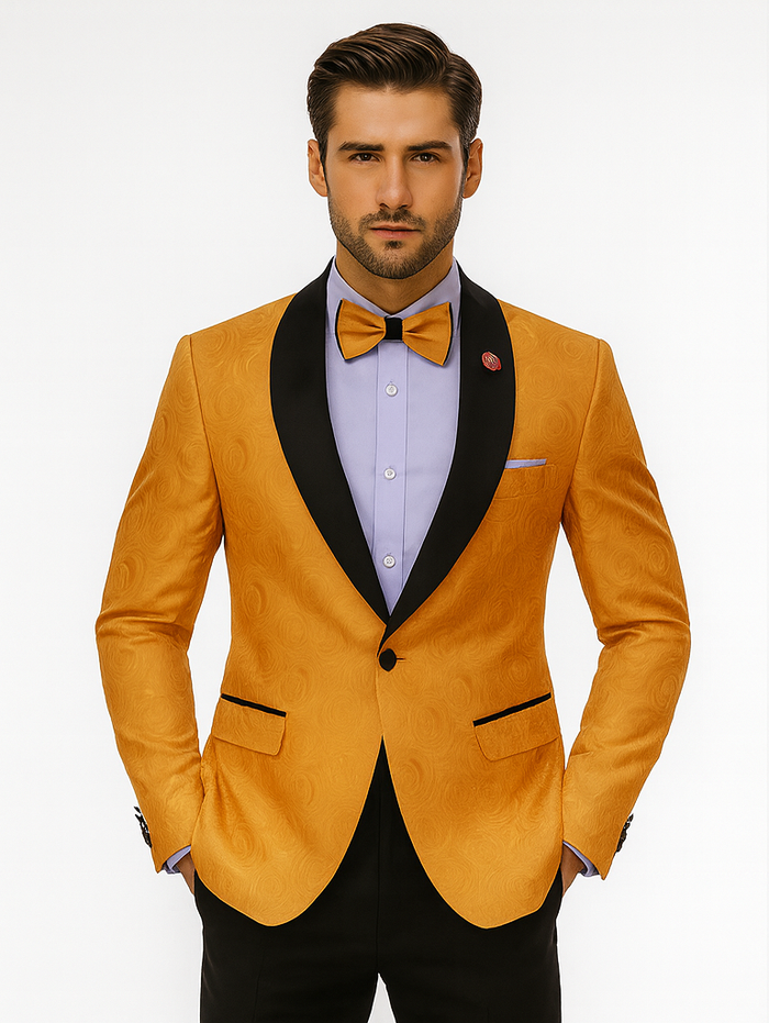Elegant tuxedo: gold patterned jacket, black shawl collar. Light purple shirt, gold bow tie. Black trim on pockets, black trousers complete the look.
