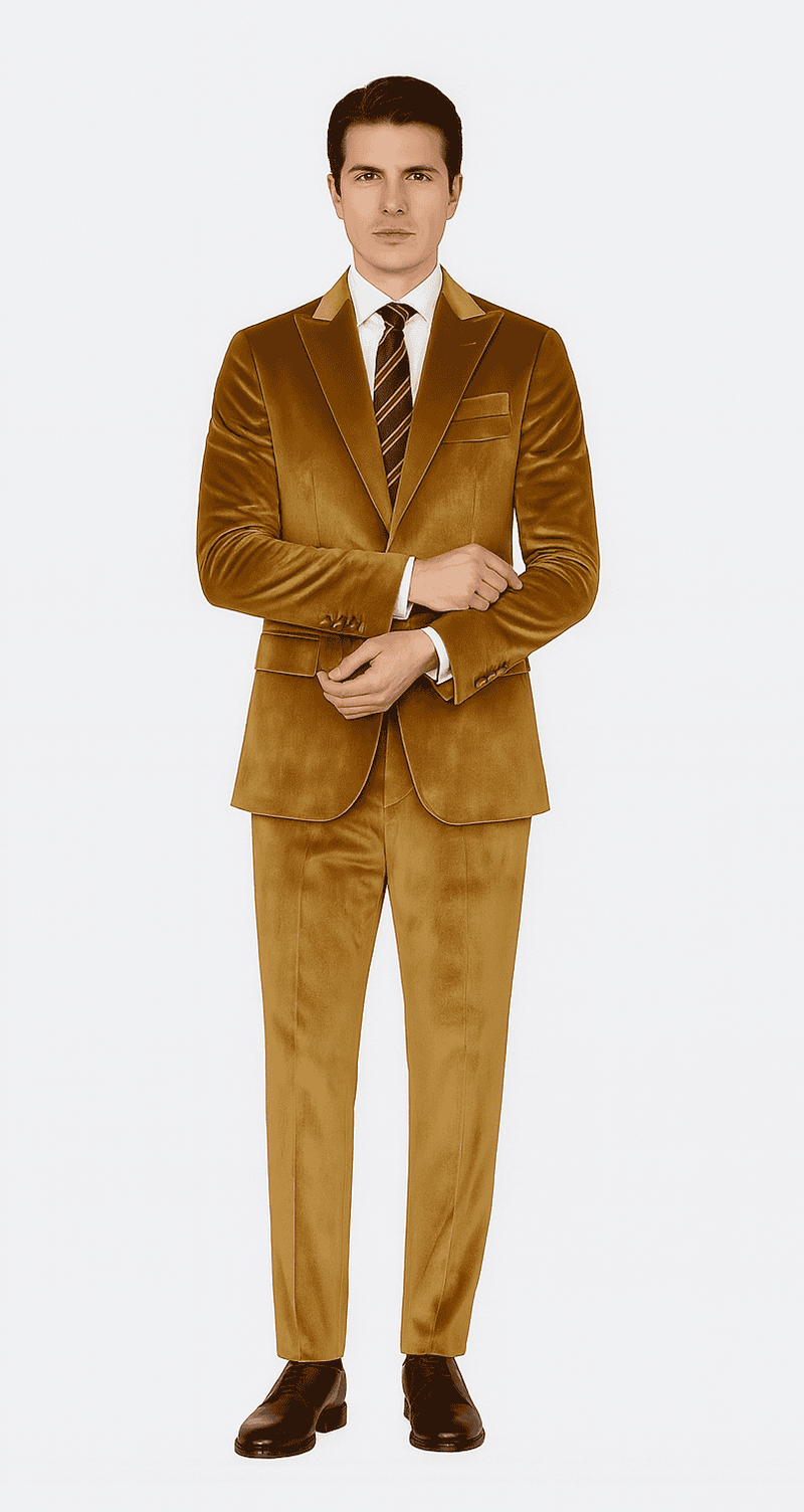 Tazzio men's gold velvet formal suit: two-piece, peak lapel, slim fit. Soft, consistent gold velvet. Single-button jacket, tailored trousers for a streamlined look.
