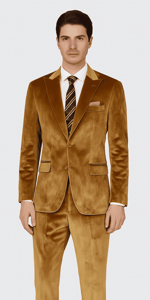 Tazzio men's formal suit in gold velvet. Two-piece, slim fit with peak lapel. Single-breasted jacket, two pockets. Matching trousers. Rich golden color, smooth, lustrous finish.
