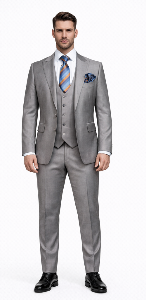 Men's Gray Slim Fit 3-Piece Suit by Rossiman â€“ With Vest & Tailored Trousers