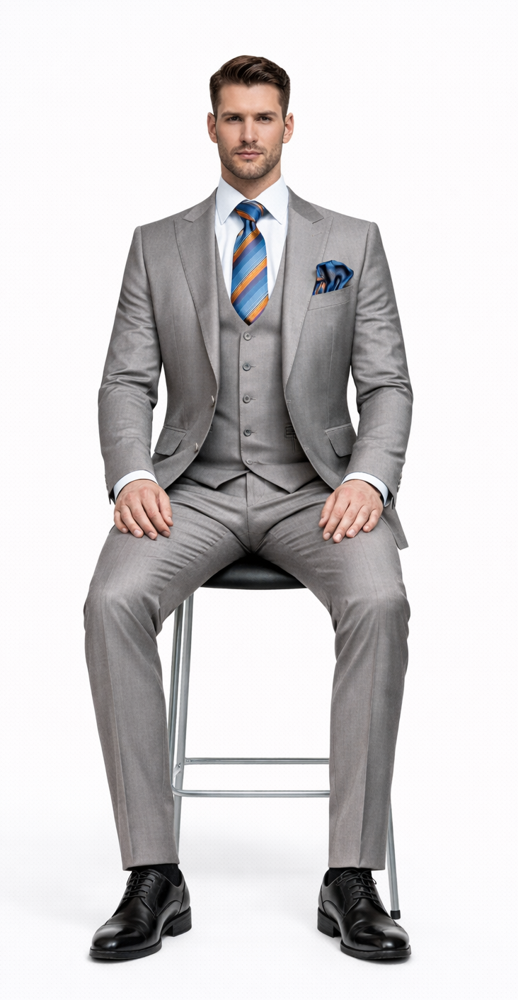 Men's Gray Slim Fit 3-Piece Suit by Rossiman â€“ With Vest & Tailored Trousers