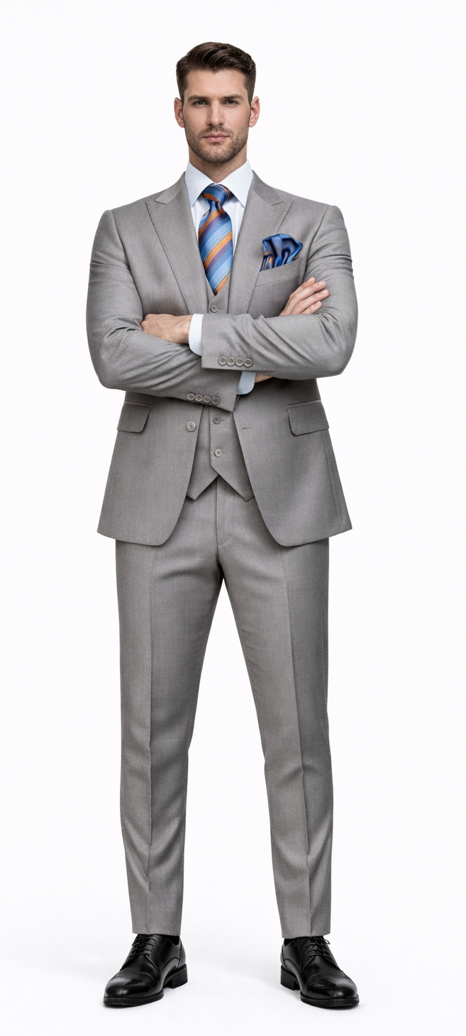 Men's Gray Slim Fit 3-Piece Suit by Rossiman â€“ With Vest & Tailored Trousers