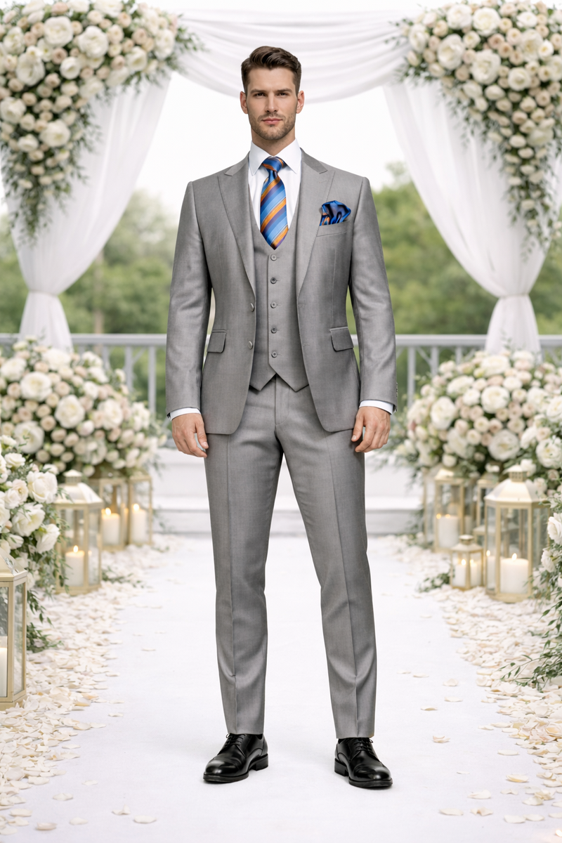 Men's Gray Slim Fit 3-Piece Suit by Rossiman â€“ With Vest & Tailored Trousers