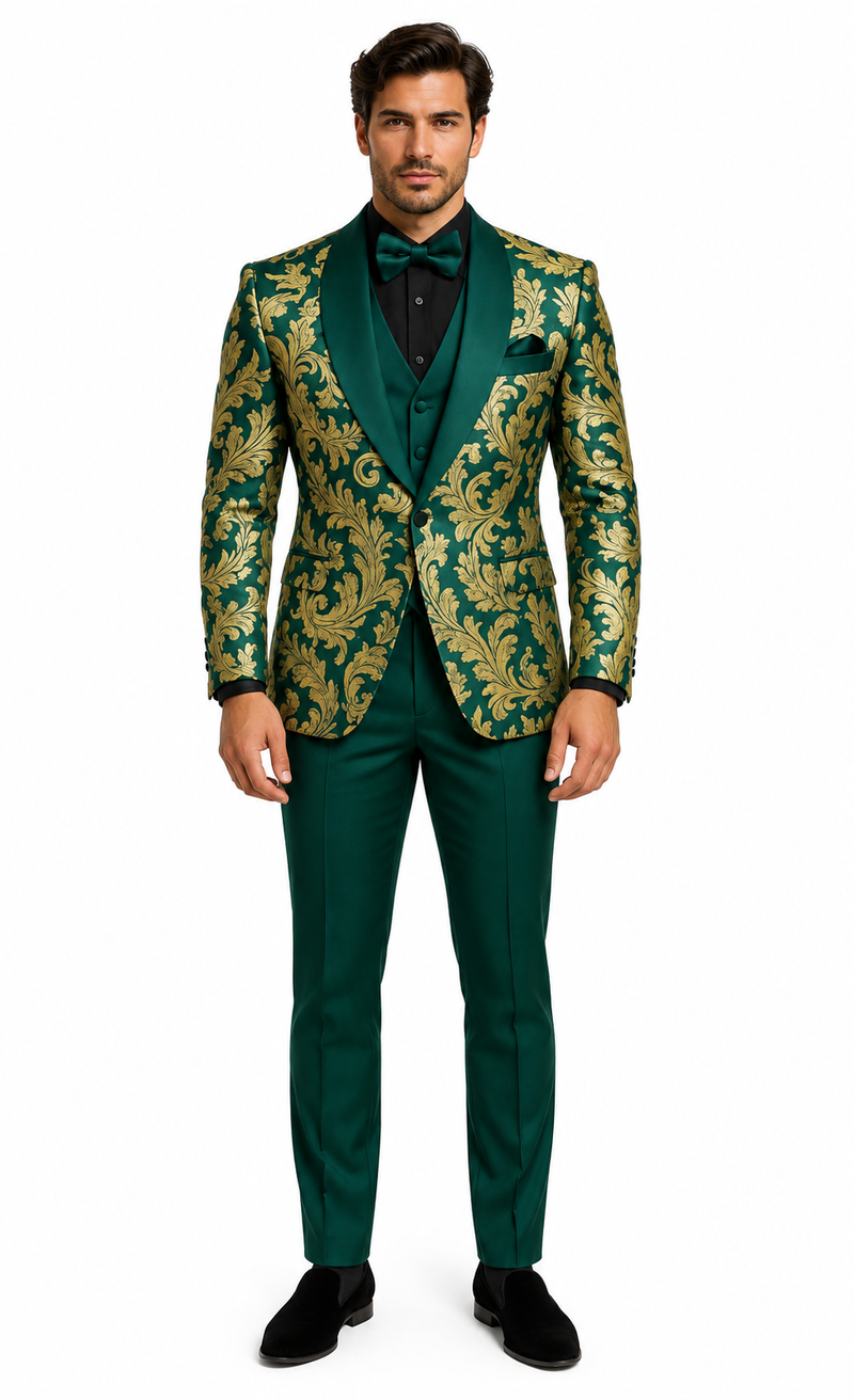 Mens Green and Gold Embroidered Tuxedo â€“ 3-Piece Prom Suit