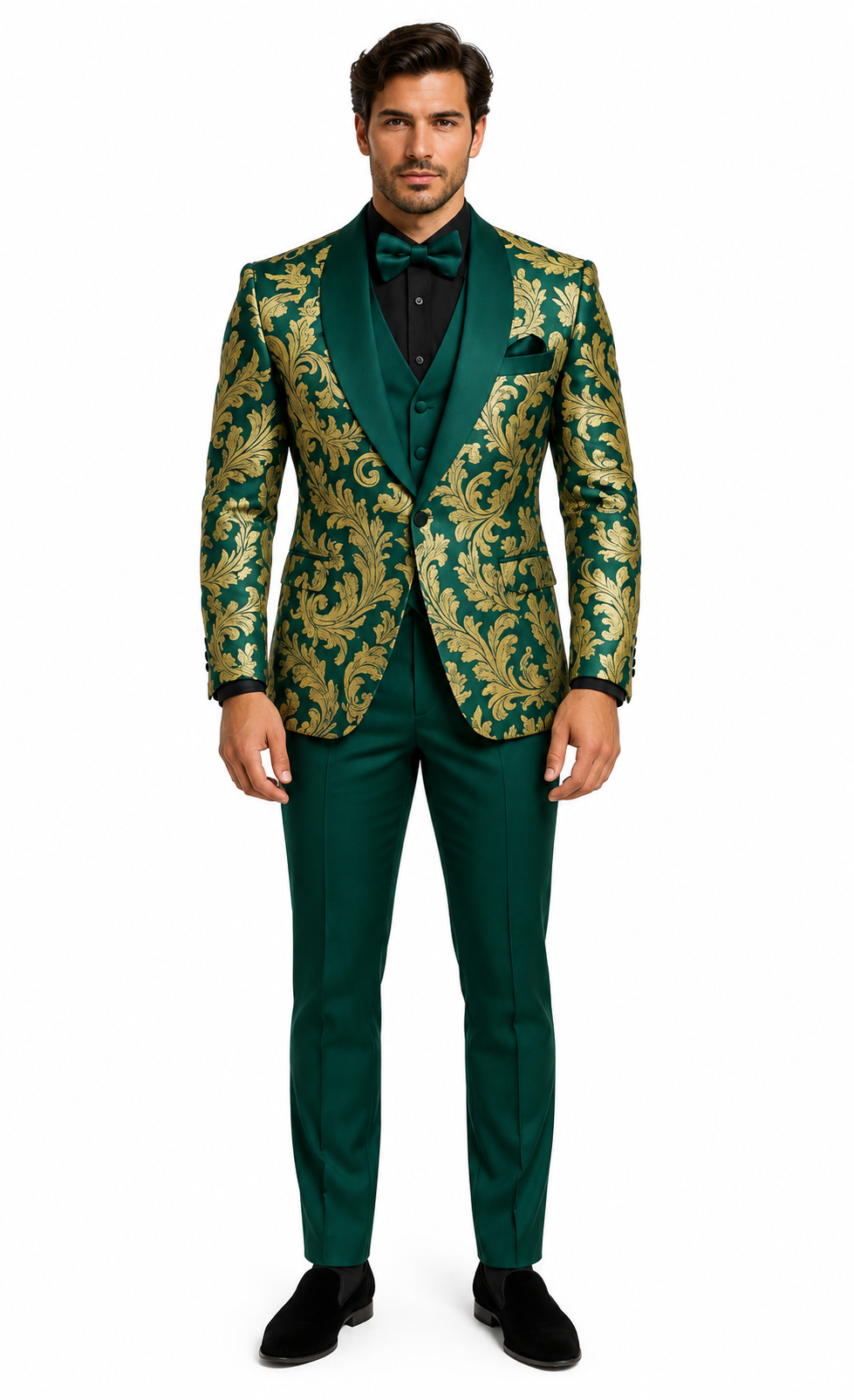 Mens Green and Gold Embroidered Tuxedo â€“ 3-Piece Prom Suit