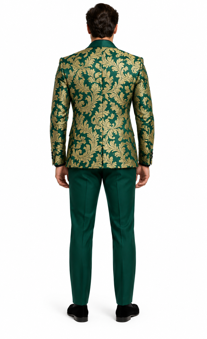 Mens Green and Gold Embroidered Tuxedo â€“ 3-Piece Prom Suit