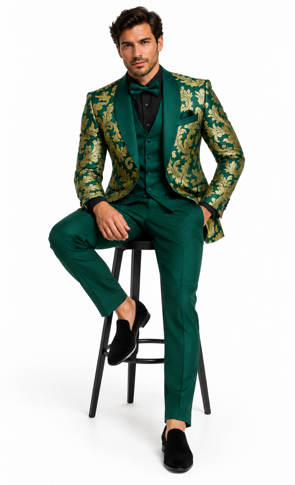 Mens Green and Gold Embroidered Tuxedo â€“ 3-Piece Prom Suit