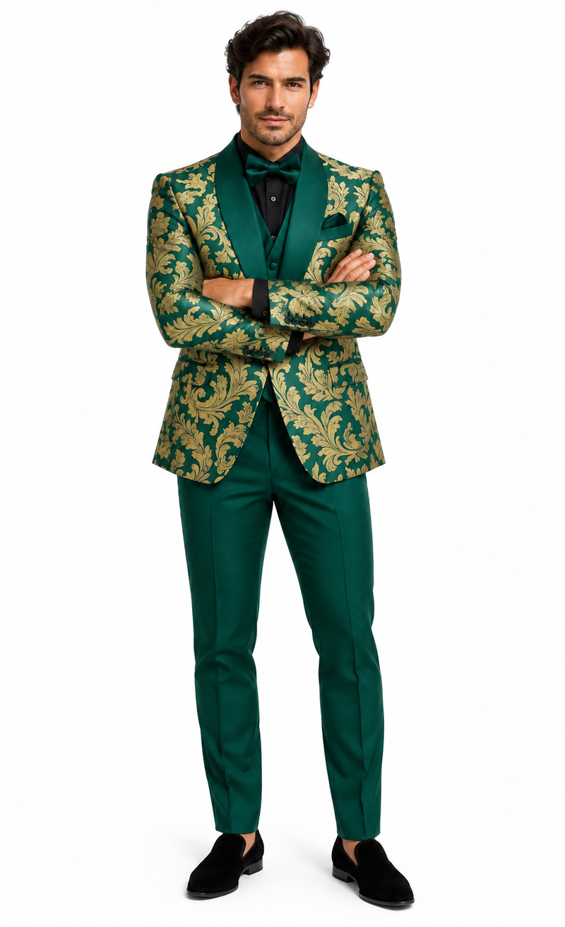 Mens Green and Gold Embroidered Tuxedo â€“ 3-Piece Prom Suit