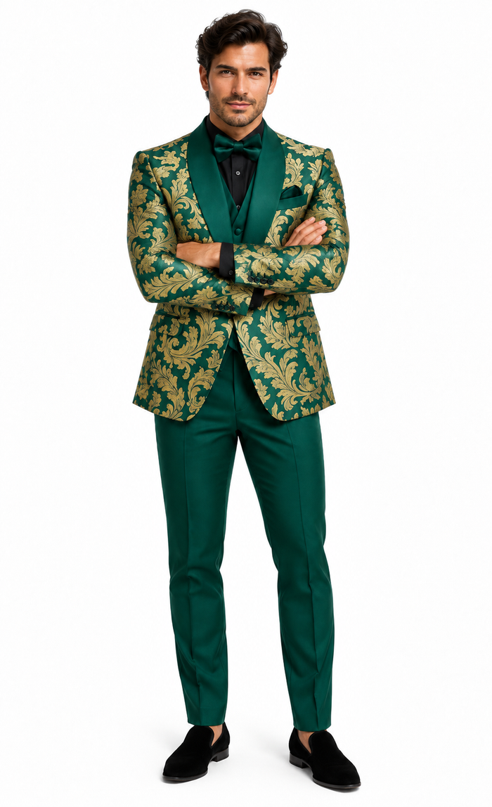 Mens Green and Gold Embroidered Tuxedo â€“ 3-Piece Prom Suit