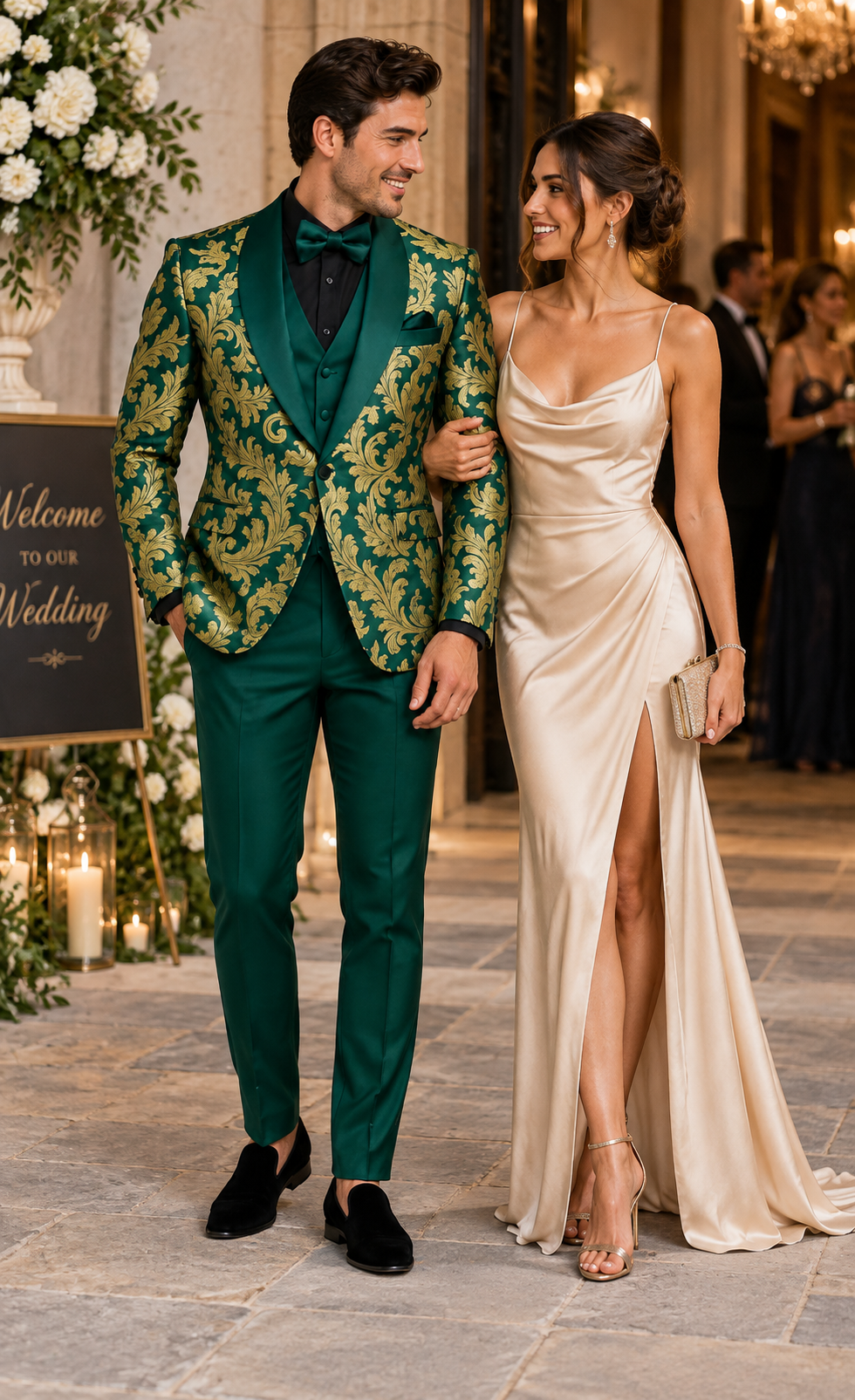 Mens Green and Gold Embroidered Tuxedo â€“ 3-Piece Prom Suit