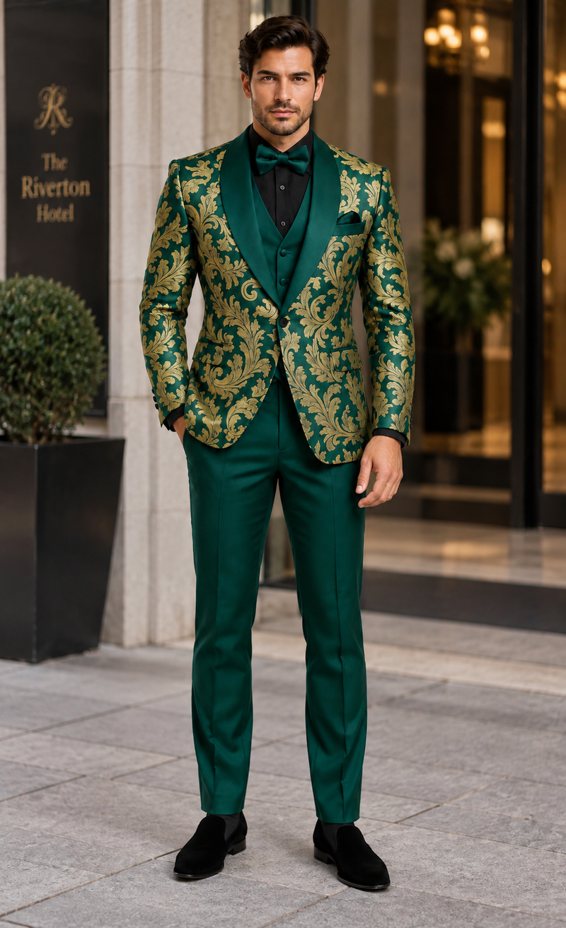 Mens Green and Gold Embroidered Tuxedo â€“ 3-Piece Prom Suit