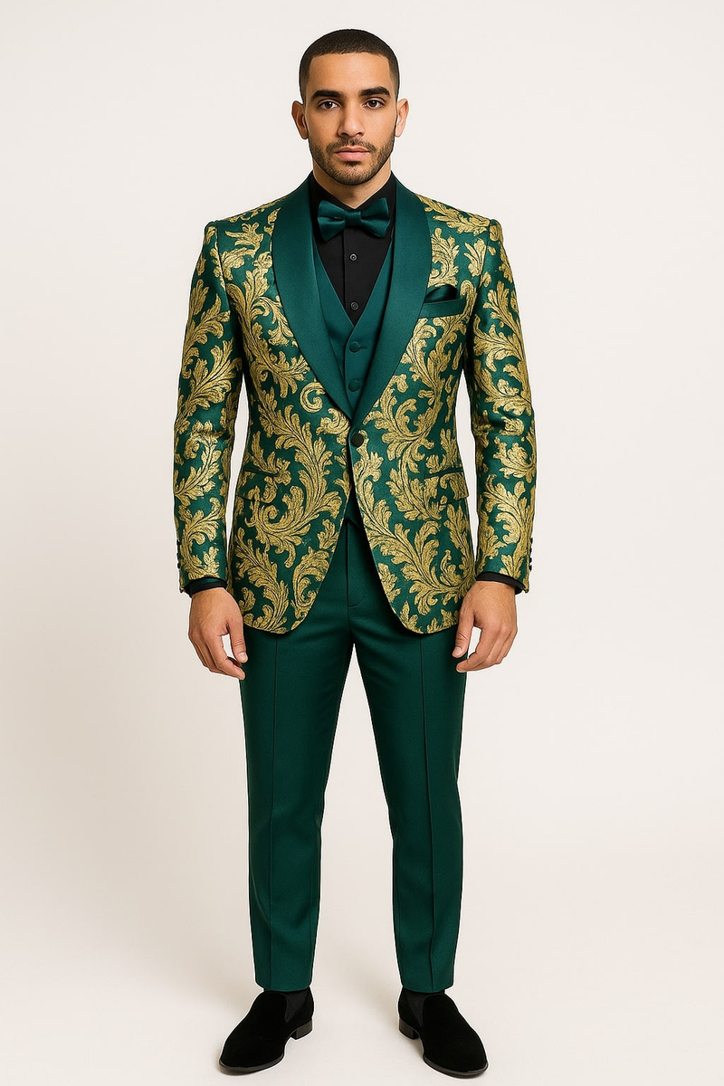 Mens Green and Gold Embroidered Tuxedo â€“ 3-Piece Prom Suit