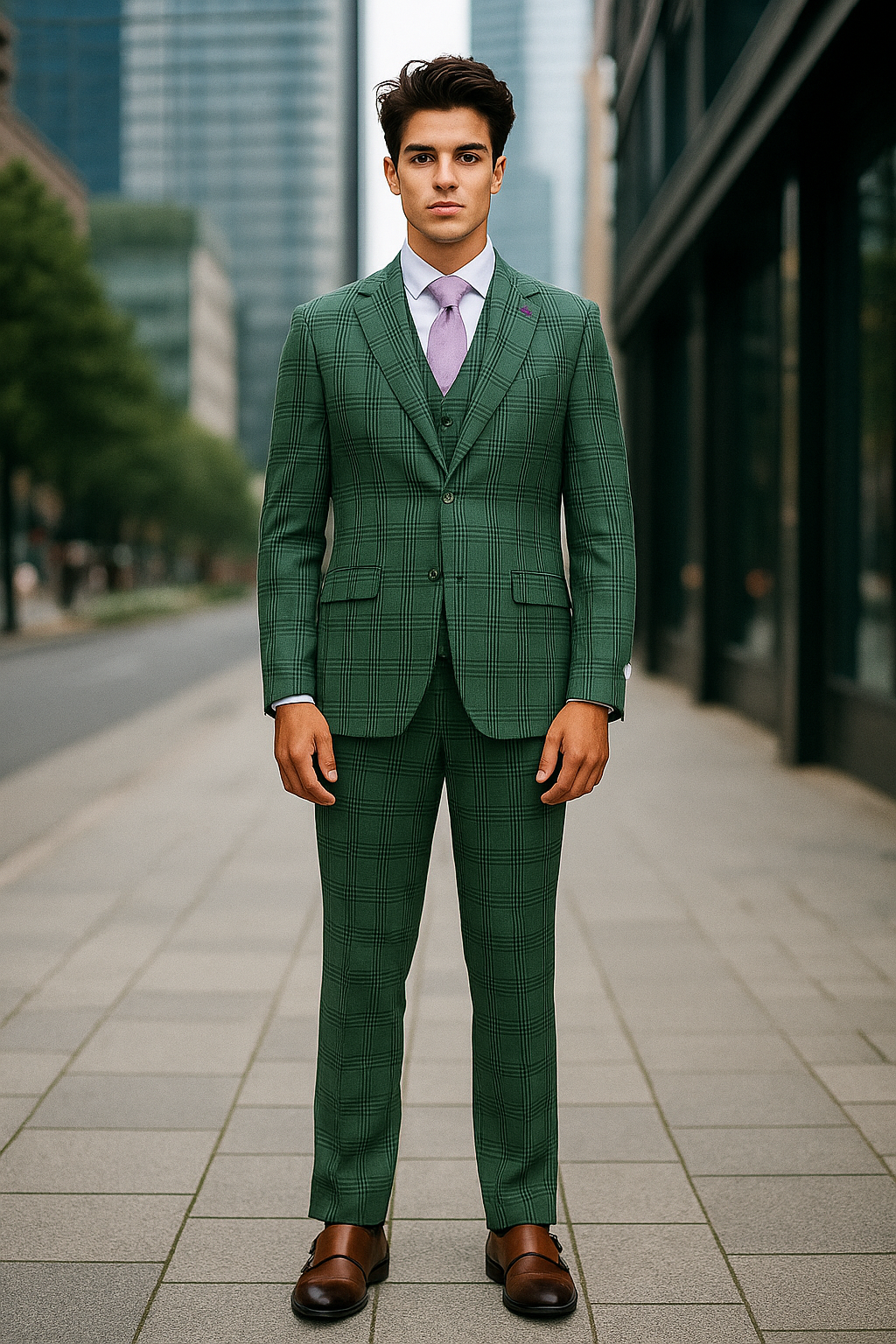 Stacy Adams - Hybrid Fit Plaid 3 Piece Green Suit