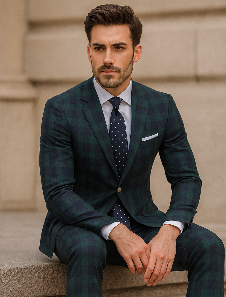 Mens Green Color Plaid Blazer