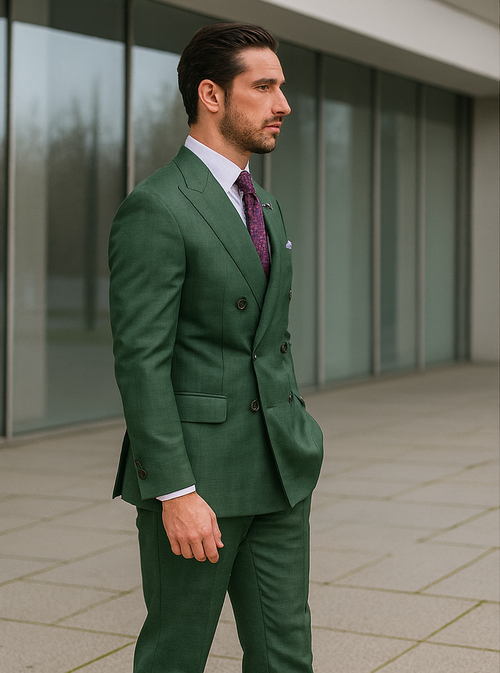 Alberto Nardoni men's green double-breasted suit. Structured silhouette with prominent lapels, textured fabric, tailored trousers. Paired with white shirt & purple tie for contrast. Luxury and classic style.
