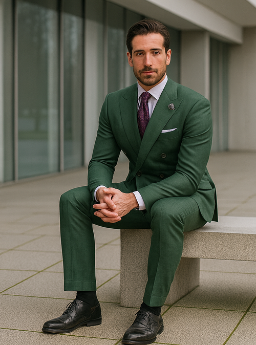 Alberto Nardoni men's green double-breasted suit. Tailored fit, textured fabric. Includes white shirt, purple tie. Structured shoulders, smooth lapel, slim trousers. Modern aesthetic, black dress shoes.
