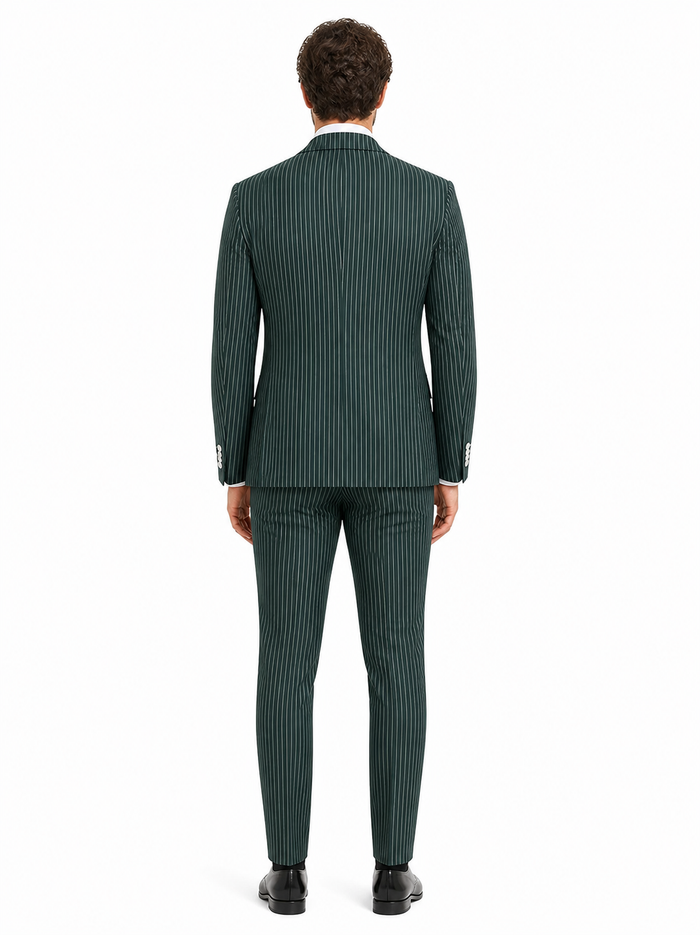 Mens Green Pinstripe Double-Breasted Suit Slim Fit 2 Piece Formal Business Suit with Peak Lapel 1920s Gangster Pinstripe