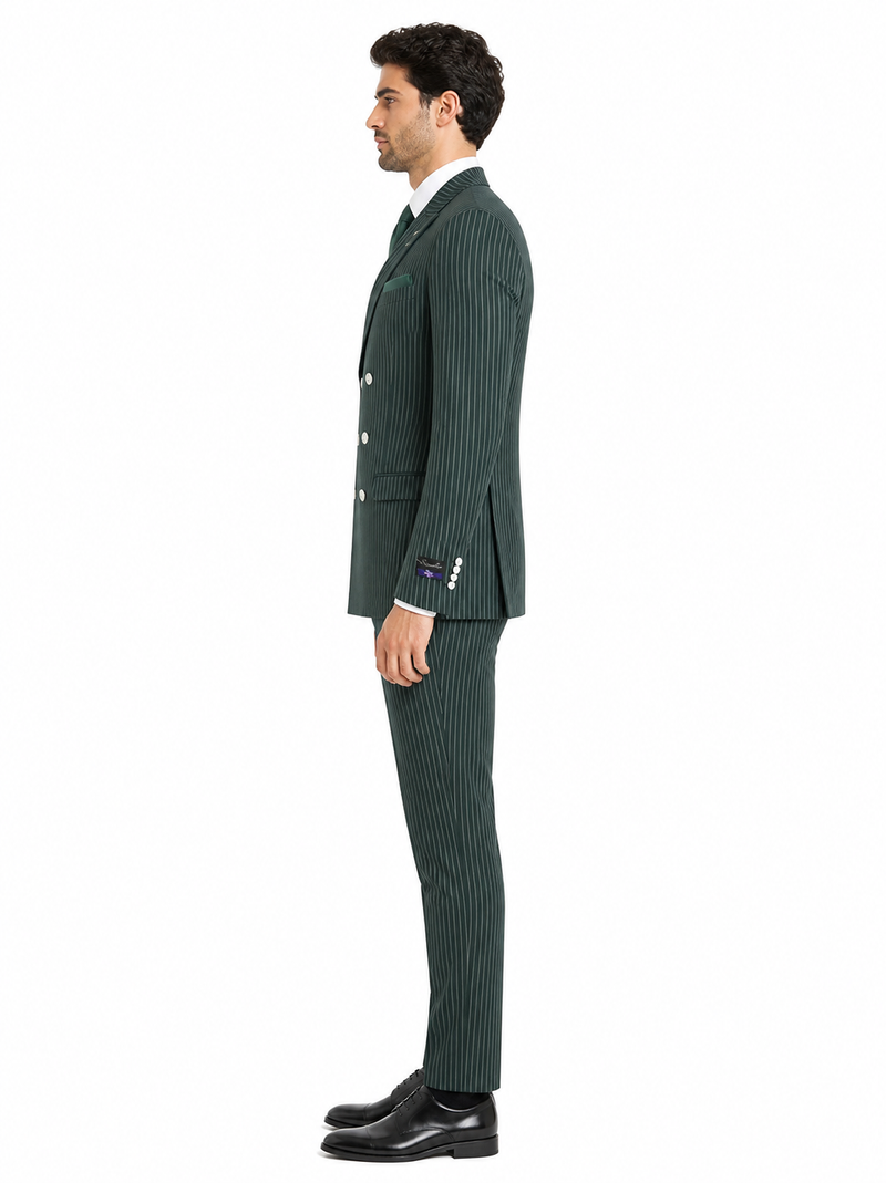 Mens Green Pinstripe Double-Breasted Suit Slim Fit 2 Piece Formal Business Suit with Peak Lapel 1920s Gangster Pinstripe