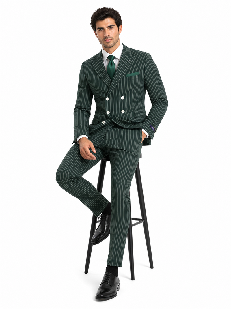 Mens Green Pinstripe Double-Breasted Suit Slim Fit 2 Piece Formal Business Suit with Peak Lapel 1920s Gangster Pinstripe