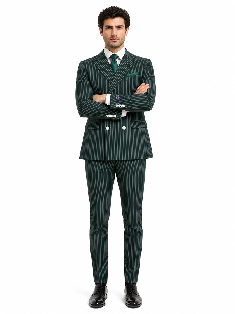 Mens Green Pinstripe Double-Breasted Suit Slim Fit 2 Piece Formal Business Suit with Peak Lapel 1920s Gangster Pinstripe