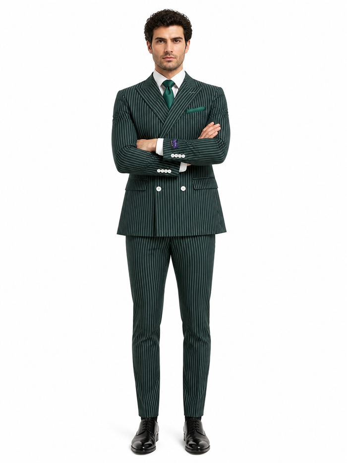 Mens Green Pinstripe Double-Breasted Suit Slim Fit 2 Piece Formal Business Suit with Peak Lapel 1920s Gangster Pinstripe