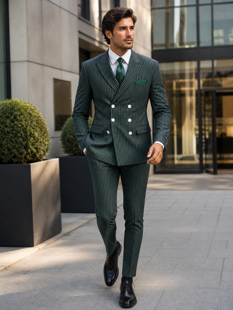 Mens Green Pinstripe Double-Breasted Suit Slim Fit 2 Piece Formal Business Suit with Peak Lapel 1920s Gangster Pinstripe