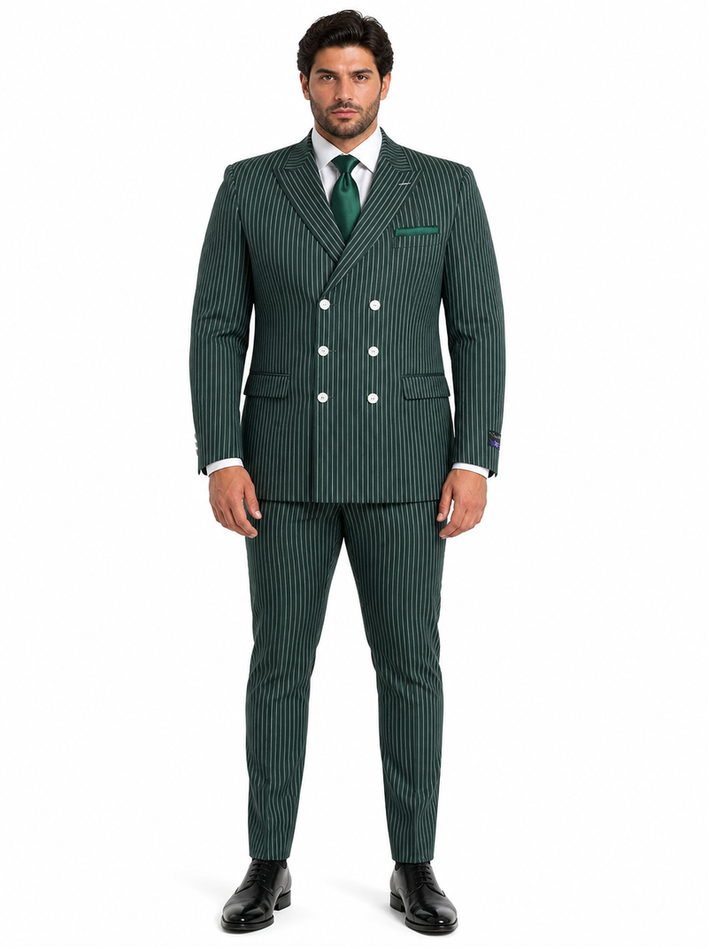 Mens Green Pinstripe Double-Breasted Suit Slim Fit 2 Piece Formal Business Suit with Peak Lapel 1920s Gangster Pinstripe