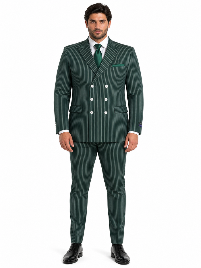Mens Green Pinstripe Double-Breasted Suit Slim Fit 2 Piece Formal Business Suit with Peak Lapel 1920s Gangster Pinstripe