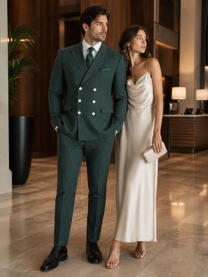 Mens Green Pinstripe Double-Breasted Suit Slim Fit 2 Piece Formal Business Suit with Peak Lapel 1920s Gangster Pinstripe