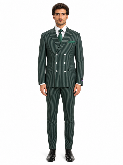 Mens Green Pinstripe Double-Breasted Suit Slim Fit 2 Piece Formal Business Suit with Peak Lapel 1920s Gangster Pinstripe
