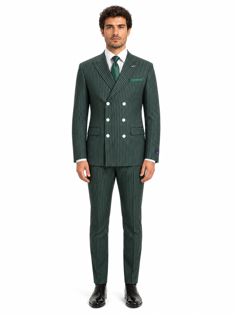 Mens Green Pinstripe Double-Breasted Suit Slim Fit 2 Piece Formal Business Suit with Peak Lapel 1920s Gangster Pinstripe