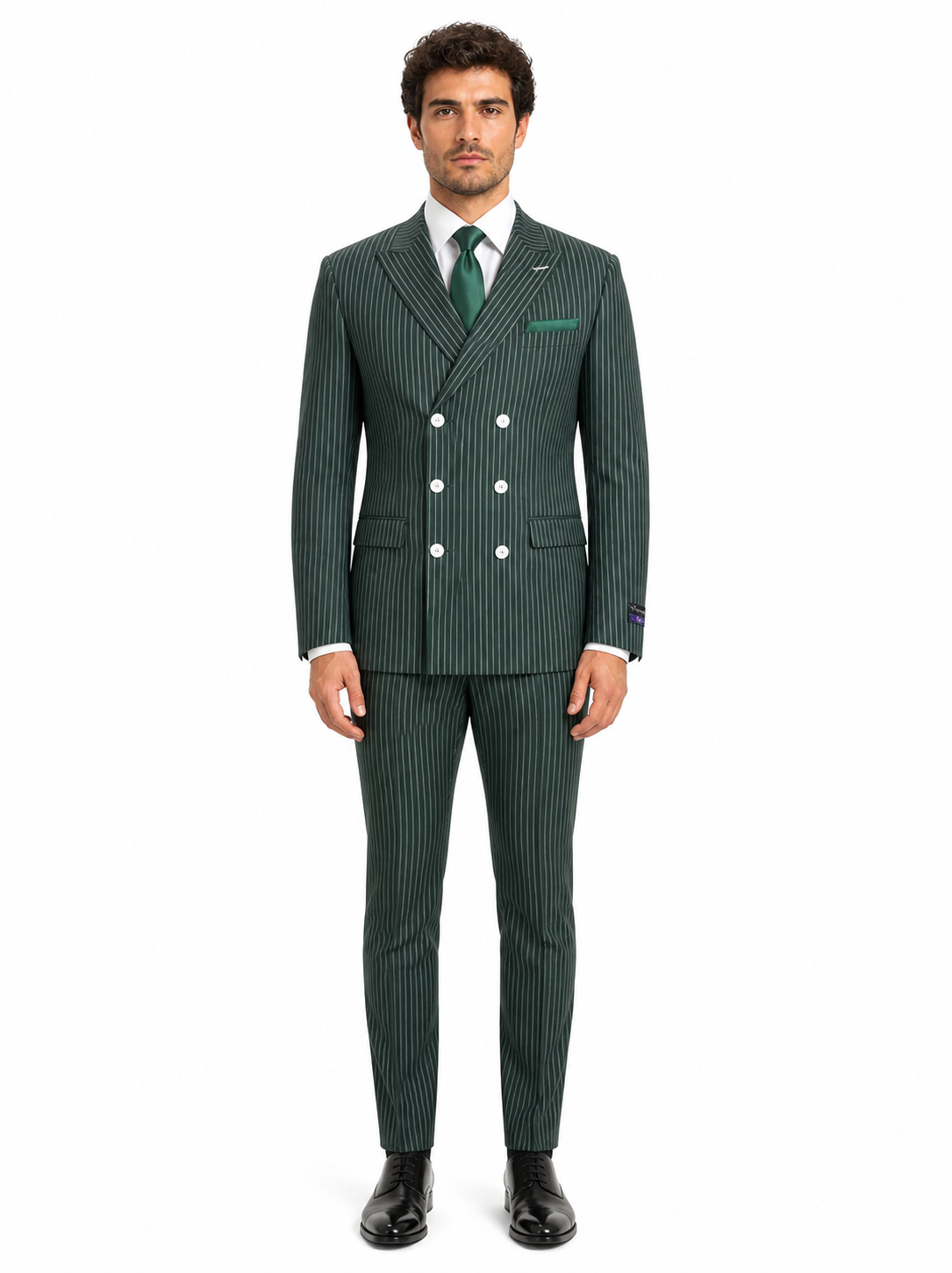 Mens Green Pinstripe Double-Breasted Suit Slim Fit 2 Piece Formal Business Suit with Peak Lapel 1920s Gangster Pinstripe