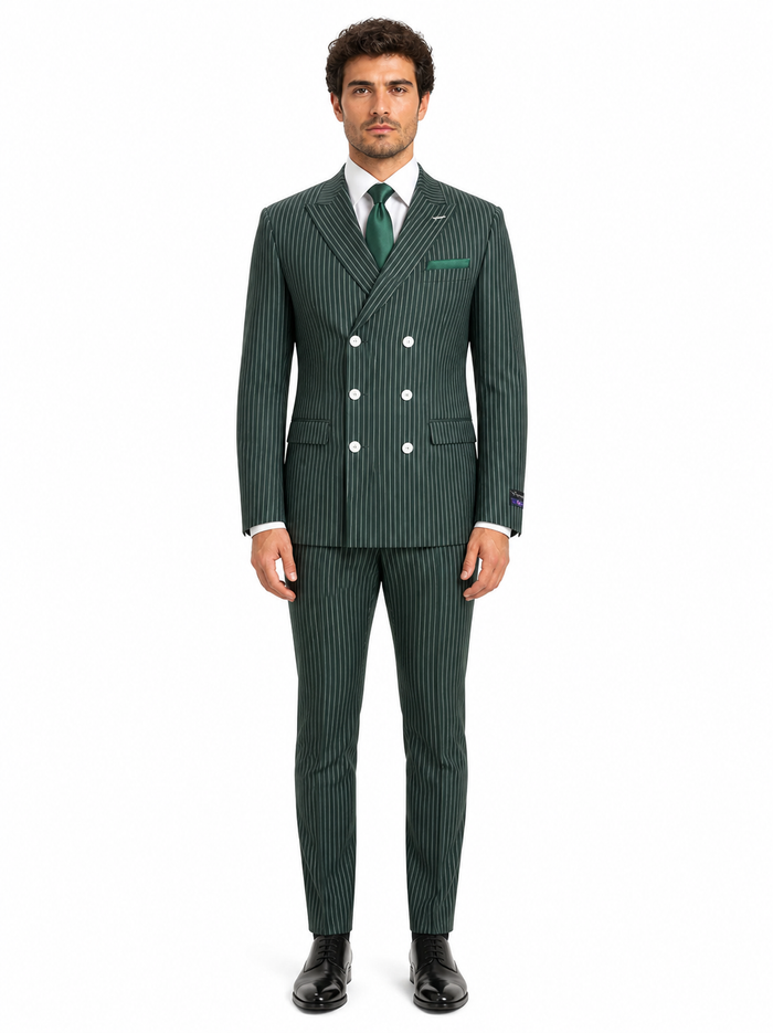 Mens Green Pinstripe Double-Breasted Suit Slim Fit 2 Piece Formal Business Suit with Peak Lapel 1920s Gangster Pinstripe