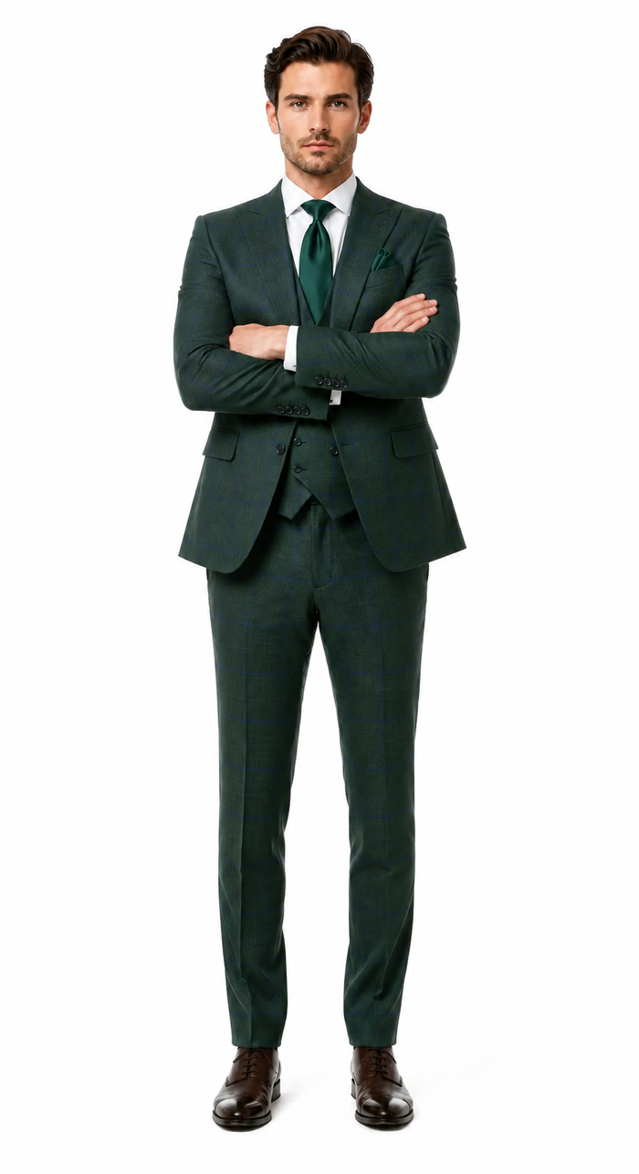 Mens Green Plaid 3-Piece Suit - Classic Check Slim Fit Suit for Weddings, Church, and Formal By Rossiman