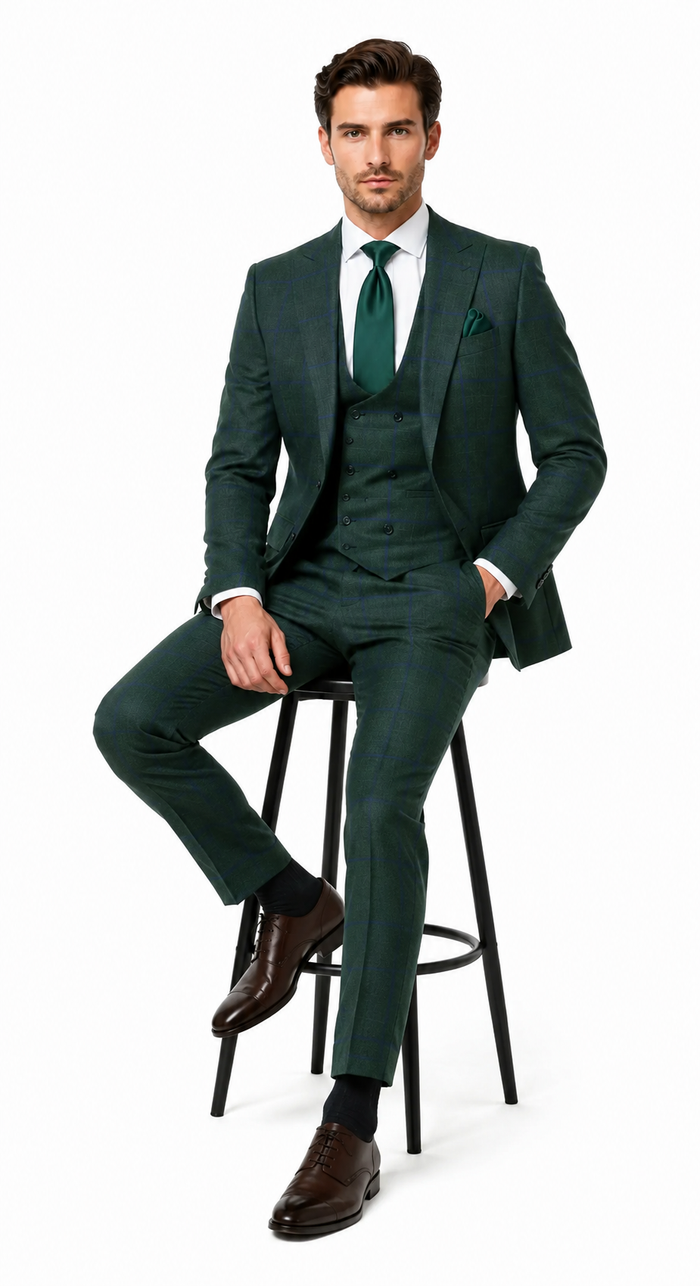 Mens Green Plaid 3-Piece Suit - Classic Check Slim Fit Suit for Weddings, Church, and Formal By Rossiman