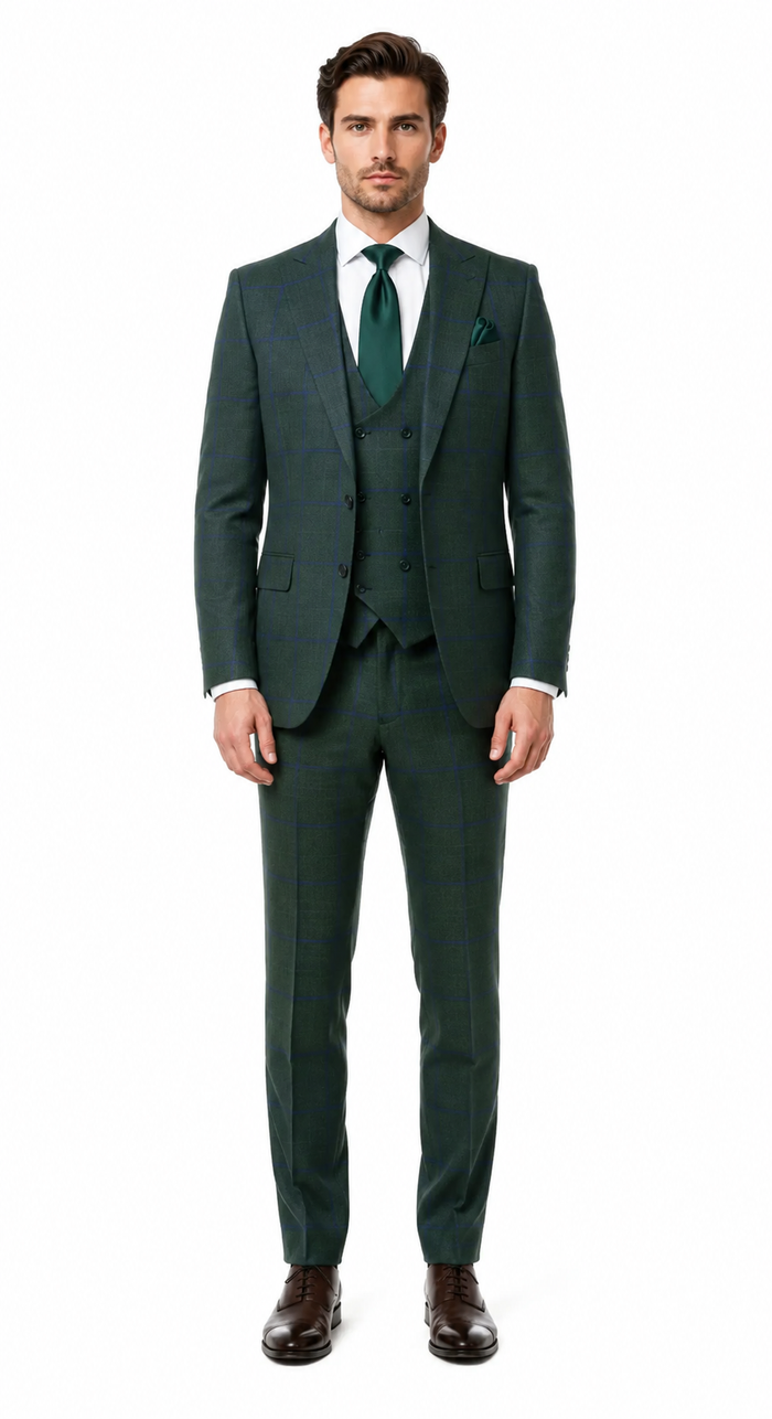 Mens Green Plaid 3-Piece Suit - Classic Check Slim Fit Suit for Weddings, Church, and Formal By Rossiman