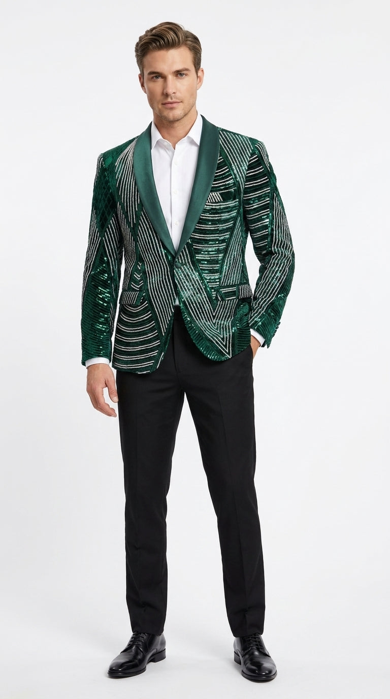 Mens Green Sequin Christmas Holiday Blazer – Luxury Party Jacket for New Year, Wedding and Festive Events New Year Jacket