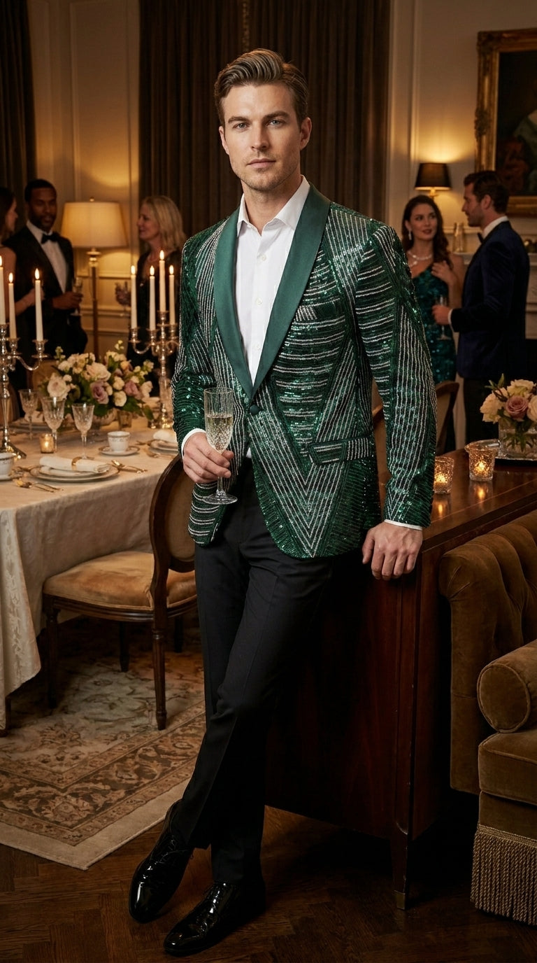 Mens Green Sequin Christmas Holiday Blazer – Luxury Party Jacket for New Year, Wedding and Festive Events New Year Jacket