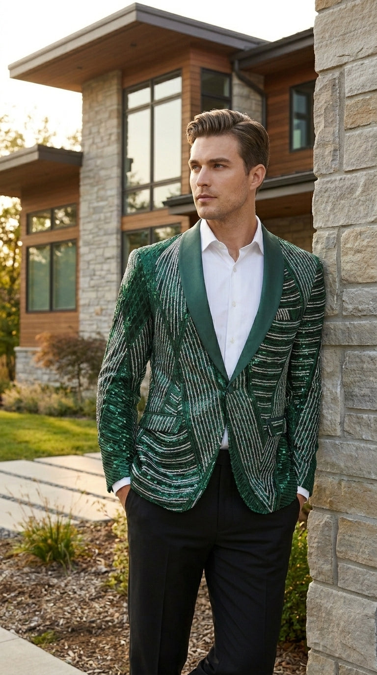 Mens Green Sequin Christmas Holiday Blazer – Luxury Party Jacket for New Year, Wedding and Festive Events New Year Jacket