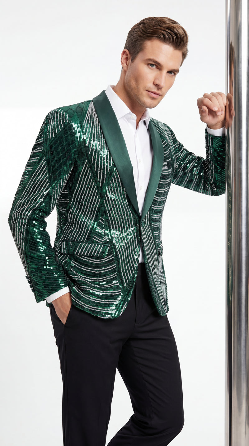 Mens Green Sequin Christmas Holiday Blazer – Luxury Party Jacket for New Year, Wedding and Festive Events New Year Jacket